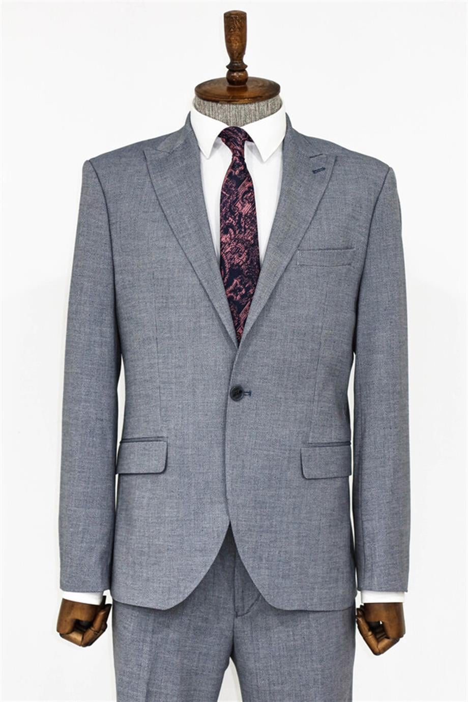 Mavi Desensiz İki Parça Slim Fit Takım Elbise