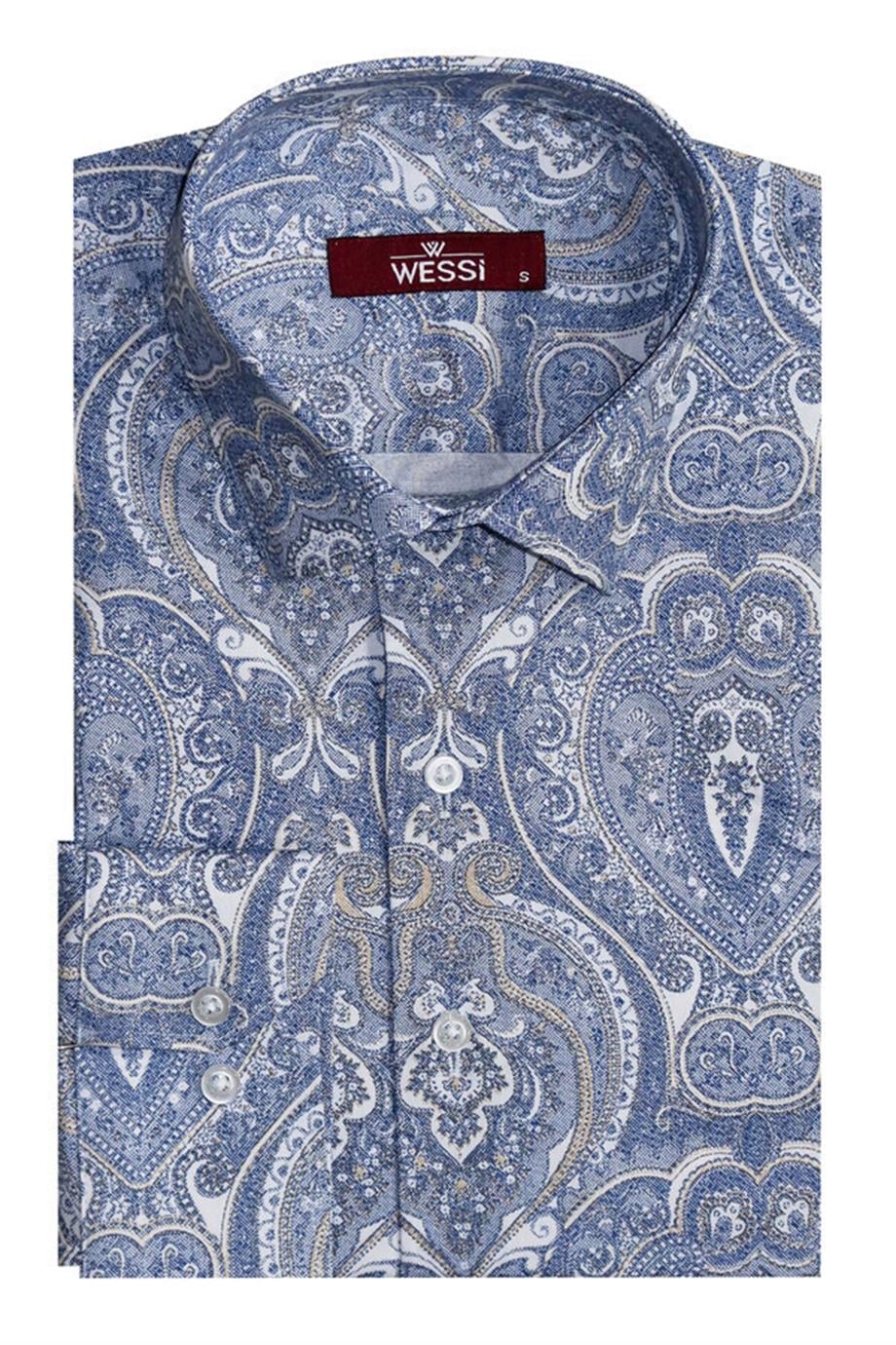 Mavi Floral Desenli Slim Fit Gömlek
