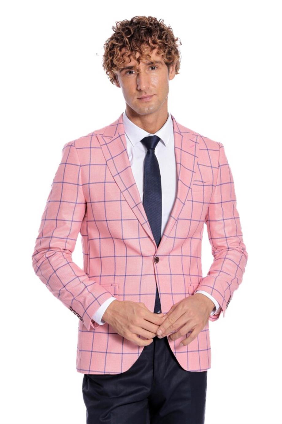 Mavi Kare Desenli Slim Fit Pembe Erkek Ceket