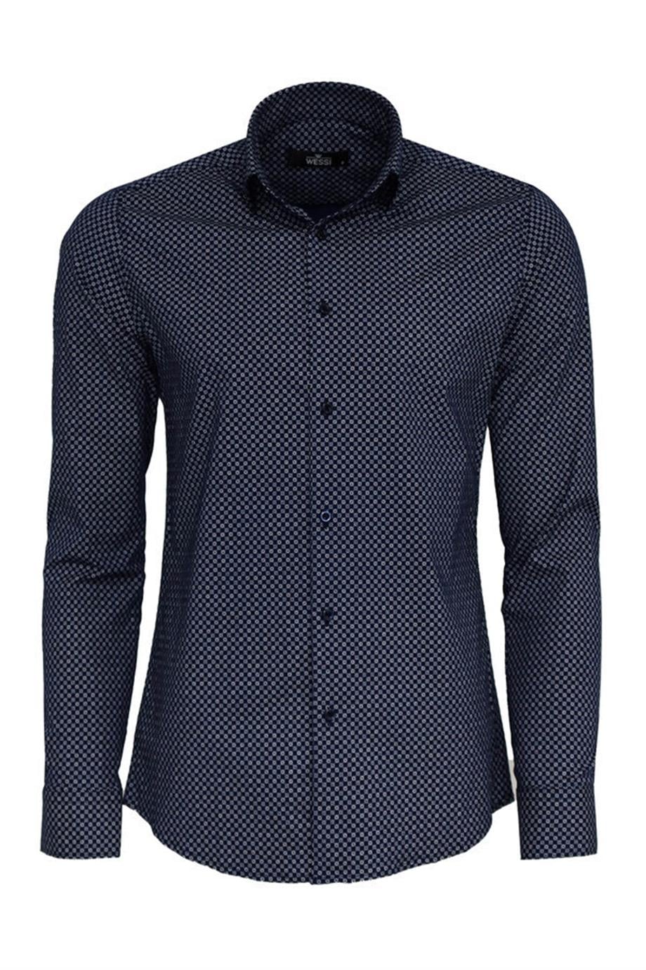 Mavi Mini Kare Desenli Slim Fit Gömlek