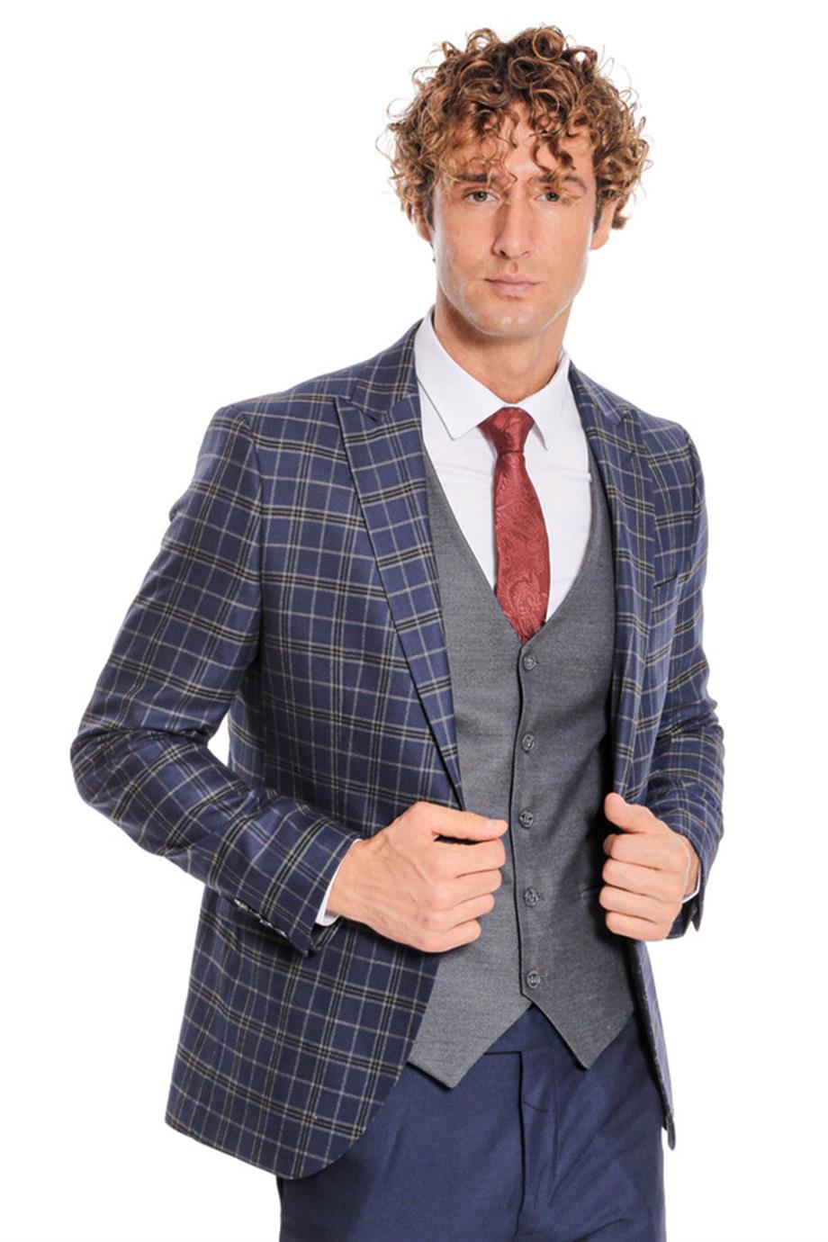 Mavi Yelekli Slim Fit Ekose Lacivert Erkek Takım Elbise
