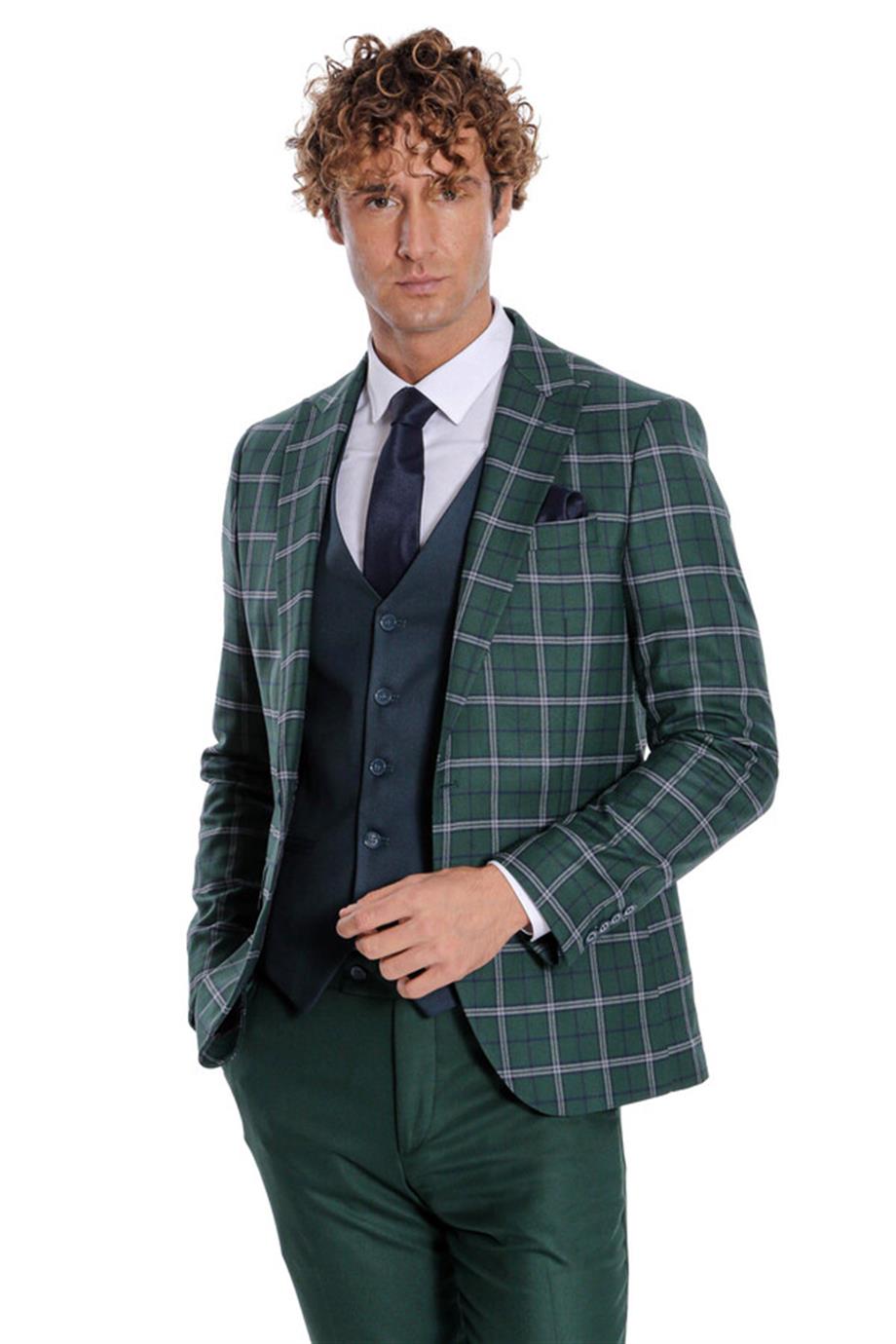 Mavi Yelekli Slim Fit Ekose Yeşil Erkek Takım Elbise