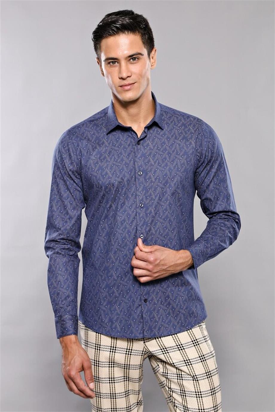 Nokta Desenli Lacivert Slim Fit Gömlek | Wessi