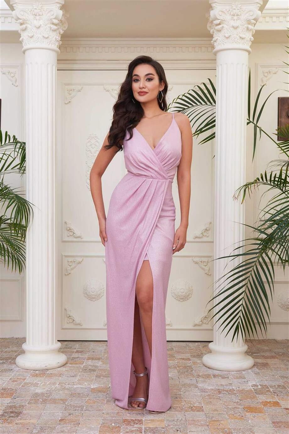 Pembe Laklı Şifon Kruvaze Yırtmaçlı Abiye Elbise
