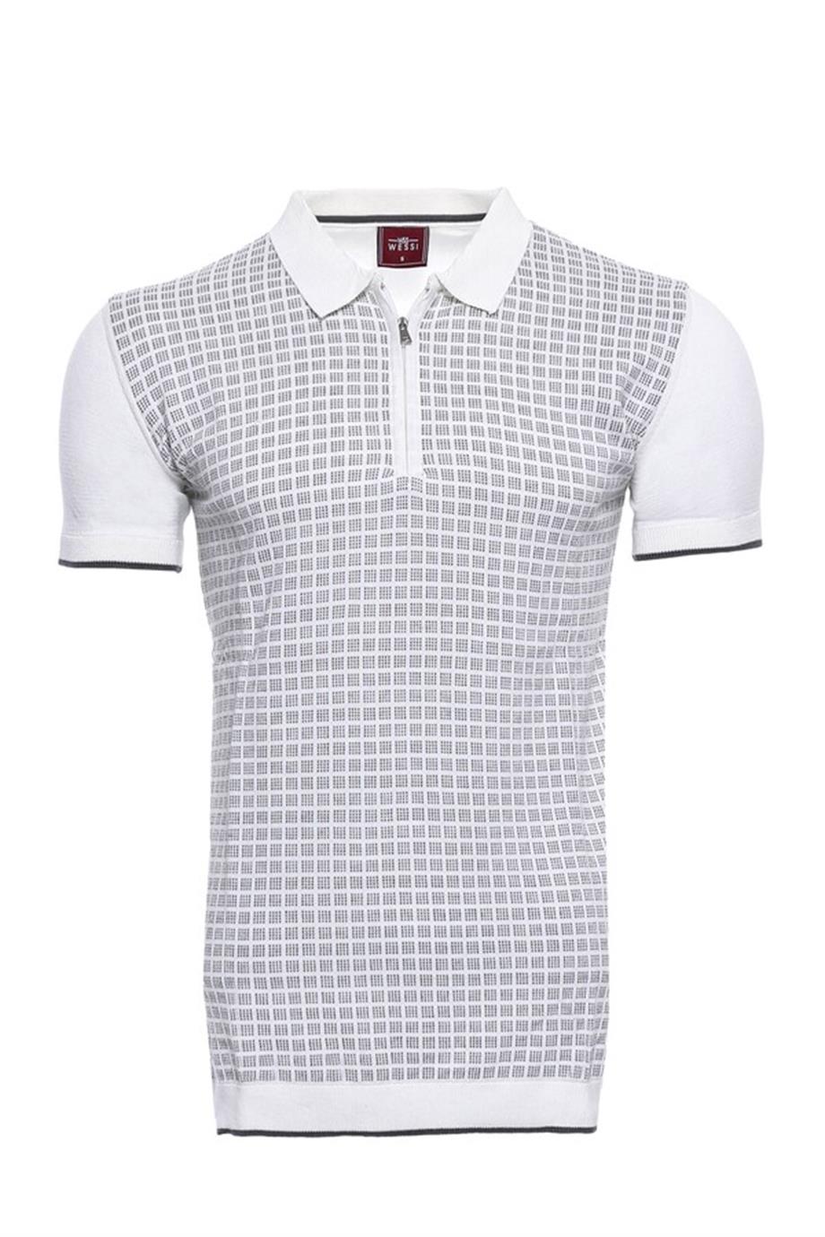 Polo Yaka Açık Gri Desenli Fermuarlı Örme T-shirt | Wessi