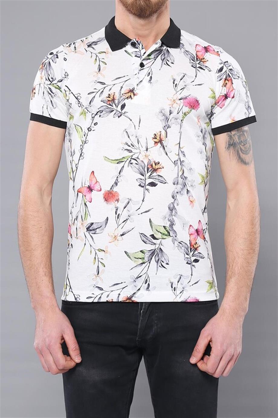 Polo Yaka Çiçek Desenli T-shirt