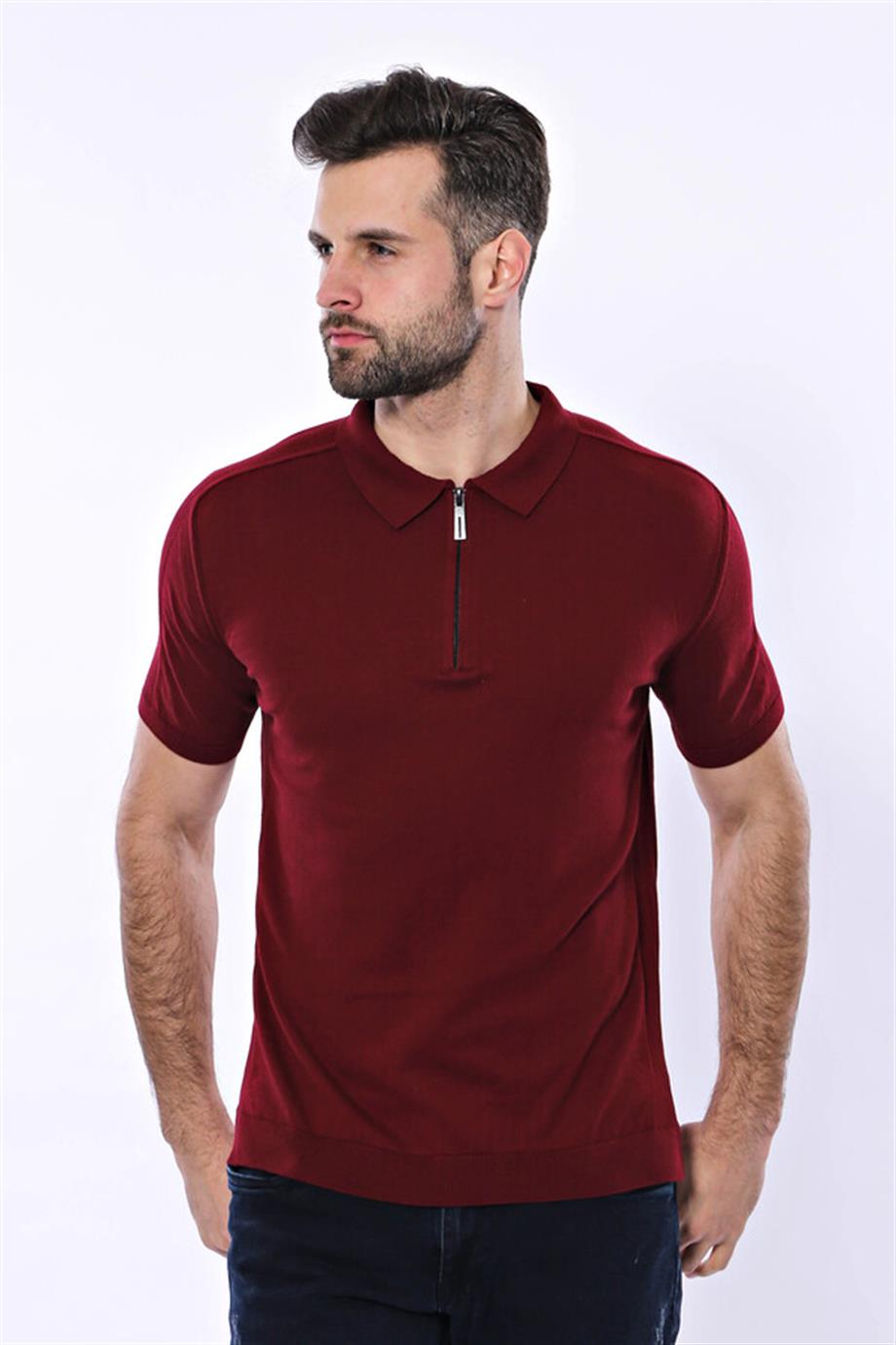 Polo Yaka Düz Bordo Örme T-shirt | Wessi