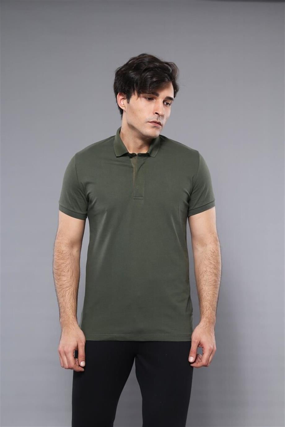Polo Yaka Düz Haki T-shirt | Wessi