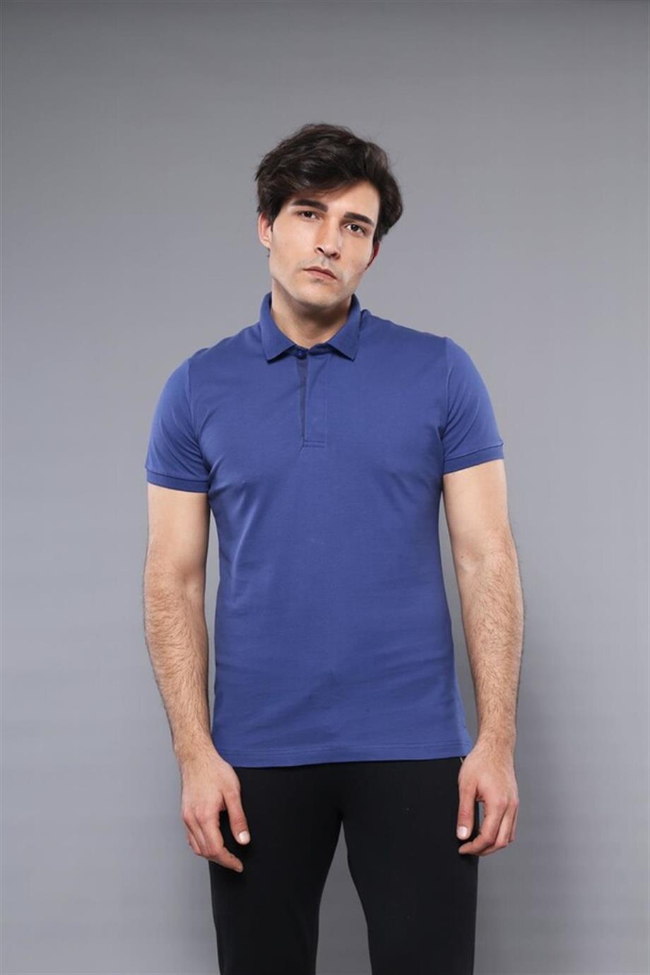 Polo Yaka Düz Mavi T-shirt | Wessi
