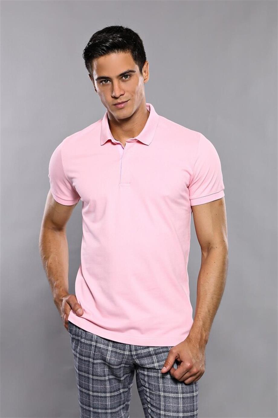 Polo Yaka Düz Pembe T-shirt | Wessi