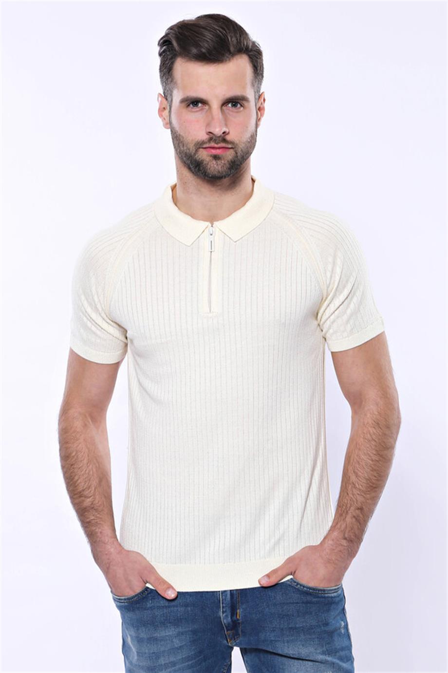 Polo Yaka Fermuarlı Krem Örme T-shirt | Wessi