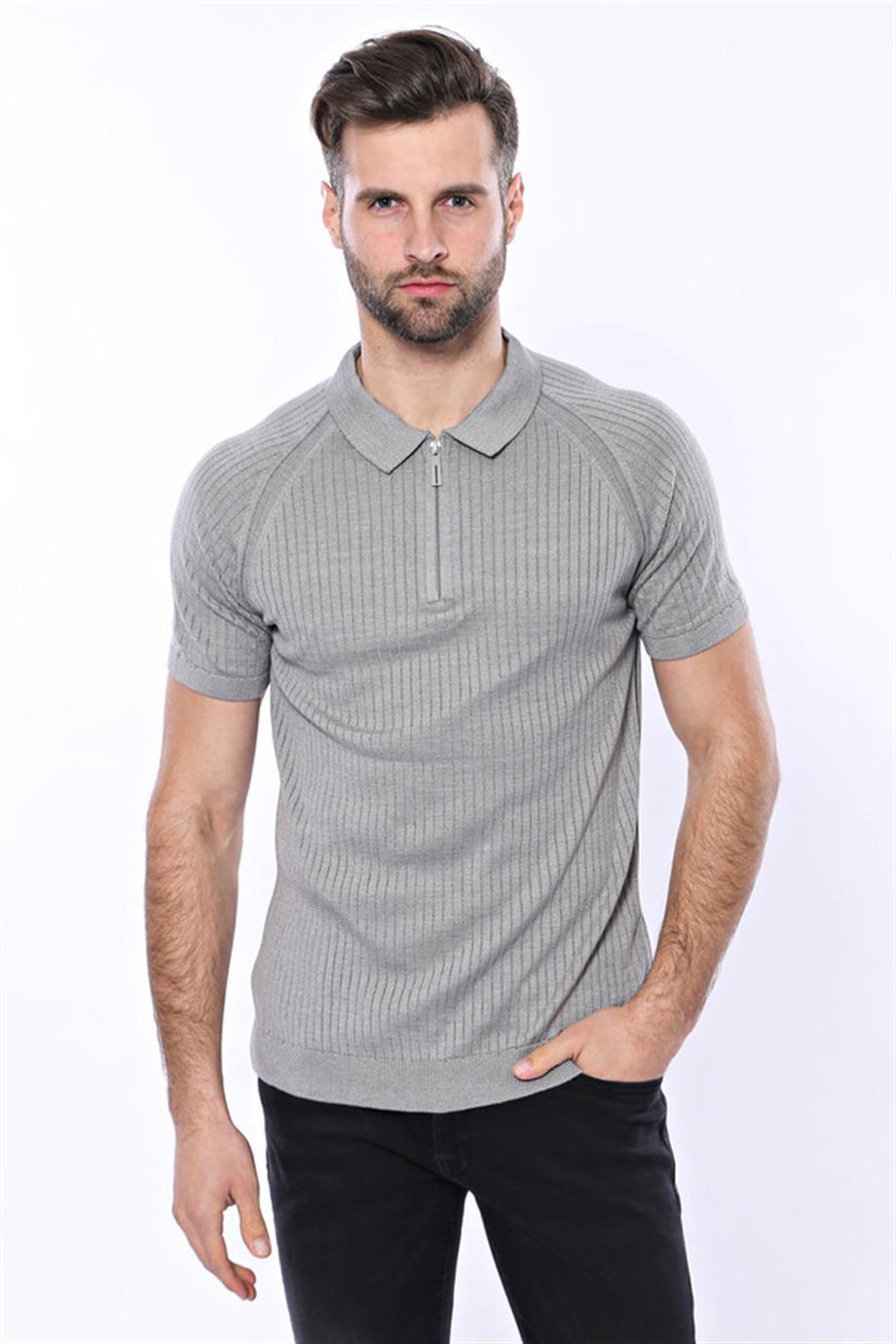 Polo Yaka Fermuarlı Örme Gri T-shirt | Wessi