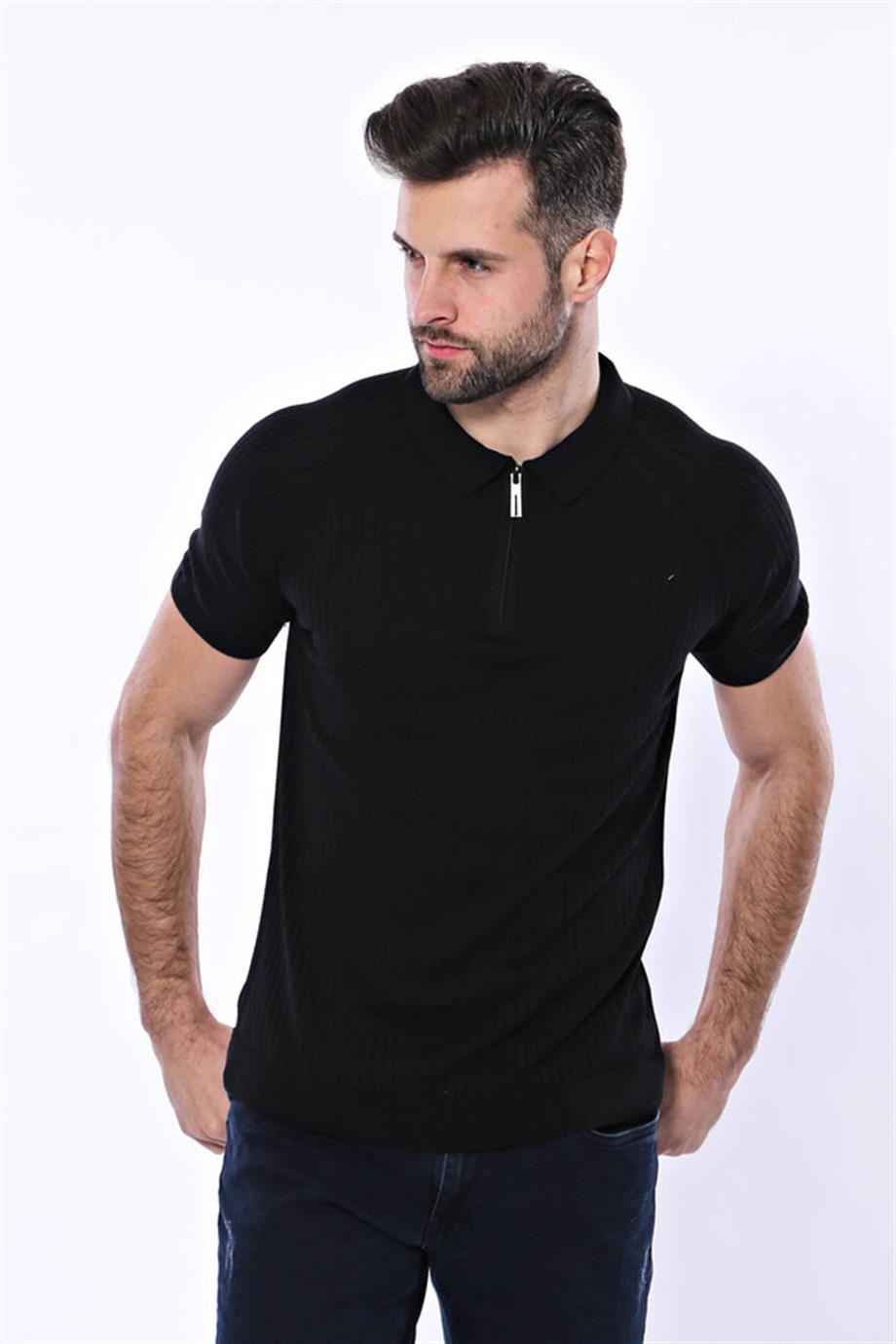 Polo Yaka Fermuarlı Siyah Örme T-shirt | Wessi