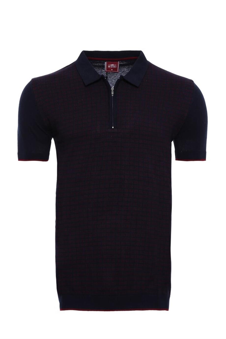 Polo Yaka Koyu Lacivert Desenli Fermuarlı Örme T-shirt | Wessi