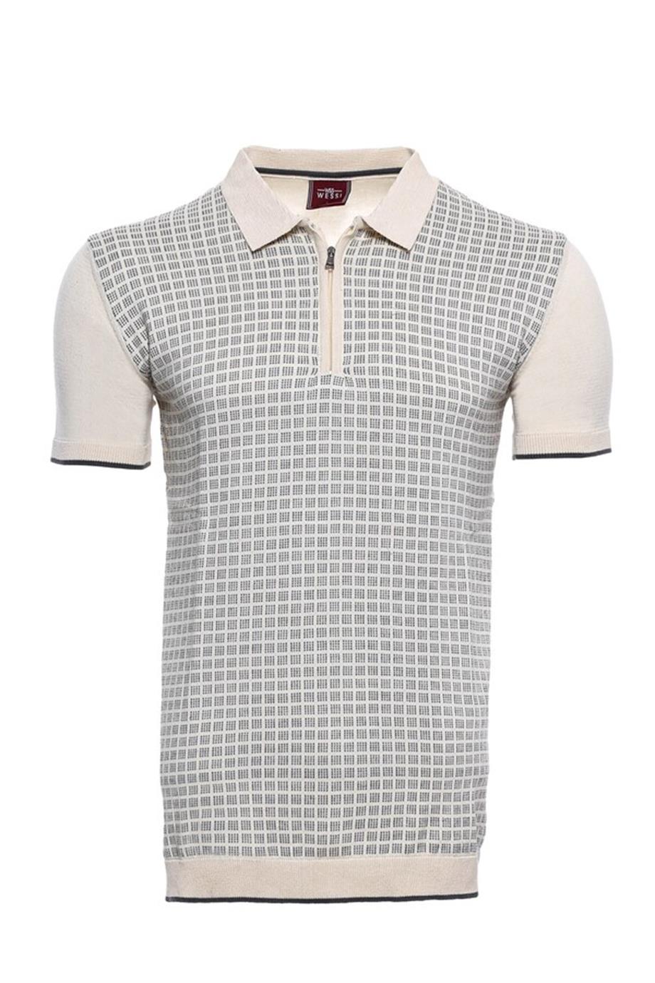 Polo Yaka Krem Desenli Fermuarlı Örme T-shirt | Wessi