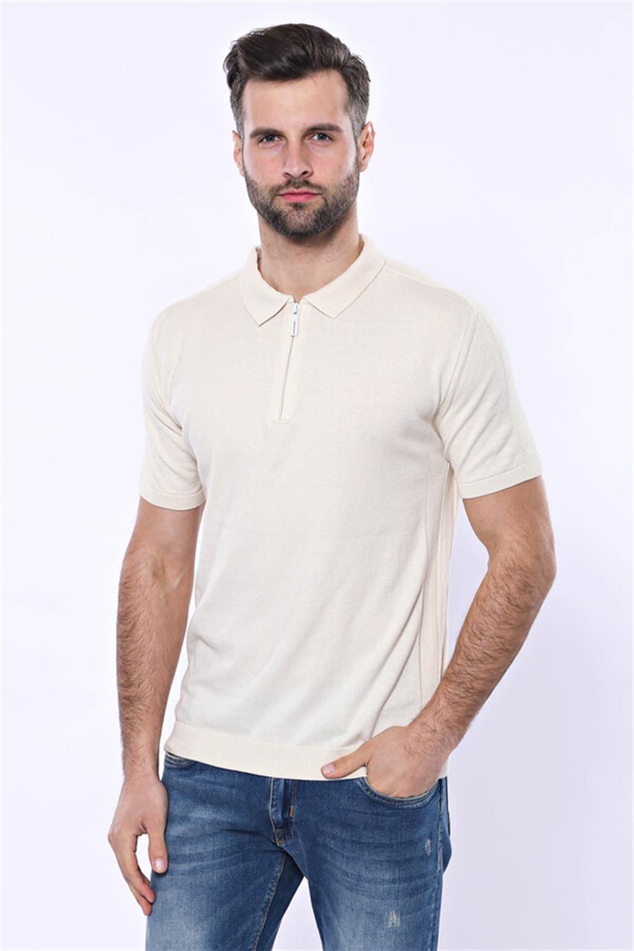 Polo Yaka Krem Düz Örme T-shirt | Wessi