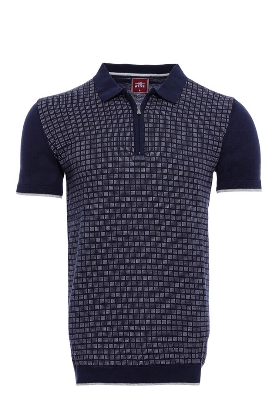 Polo Yaka Lacivert Desenli Fermuarlı Örme T-shirt | Wessi