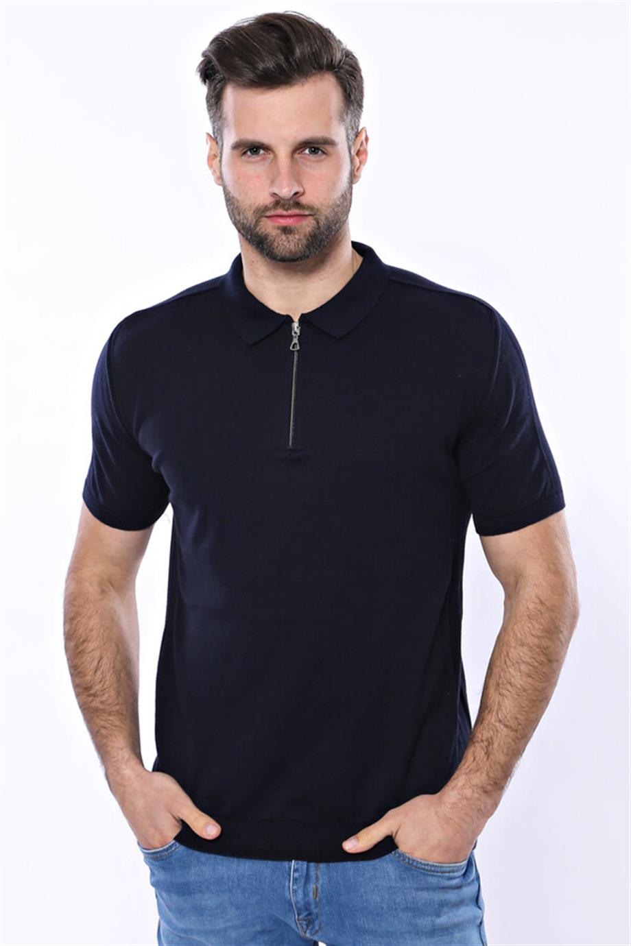 Polo Yaka Lacivert Düz Örme T-shirt | Wessi