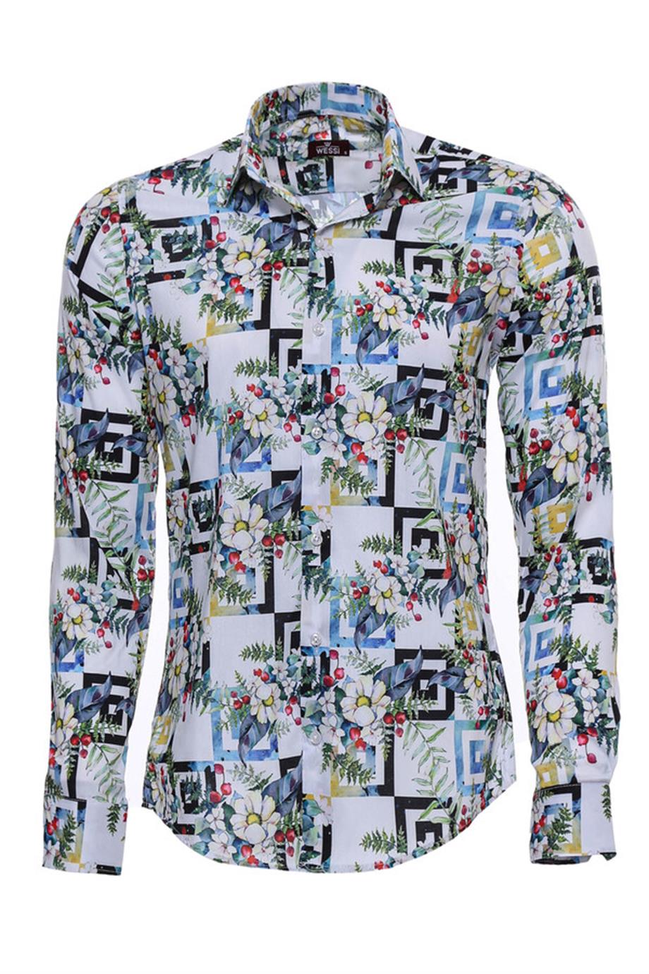 Renkli Desenli Slim Fit Uzun Kollu Gömlek