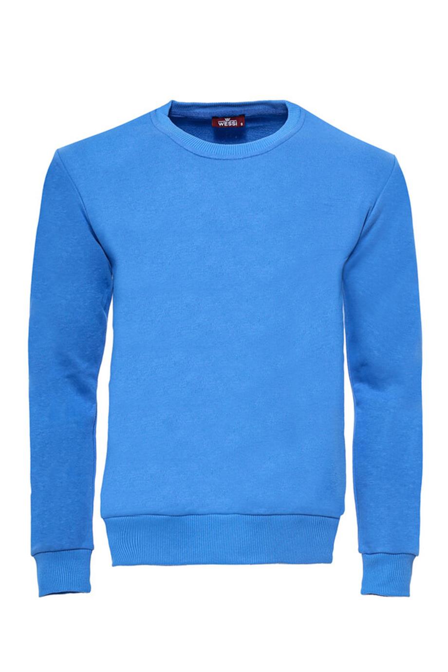 Saks Mavi Desensiz Bisiklet Yaka Sweatshirt