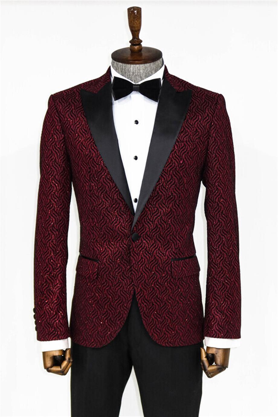 Simli Desenli Bordo Erkek Smokin Ceket