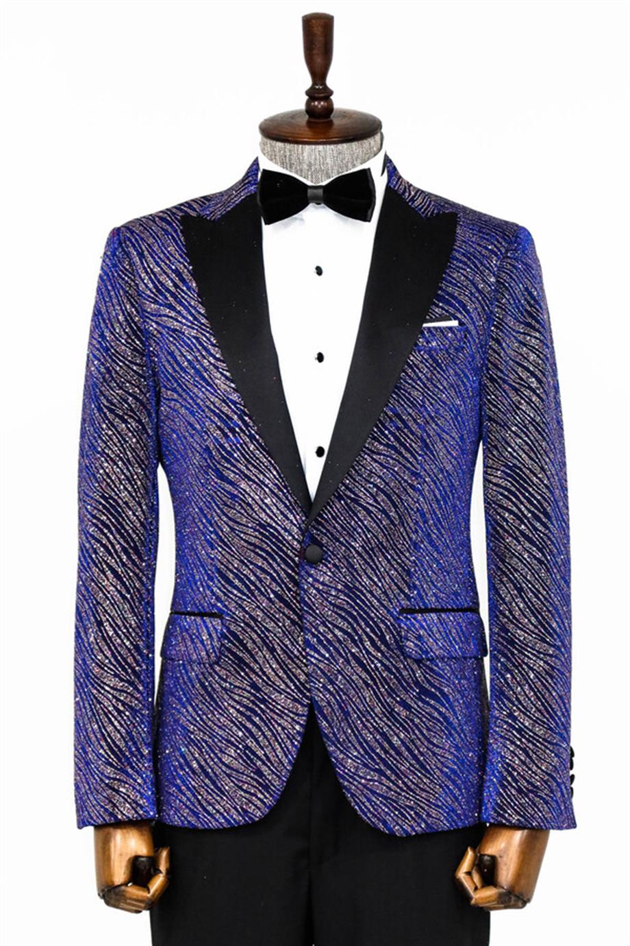 Simli Desenli Slim Fit Mavi Erkek Smokin Ceket