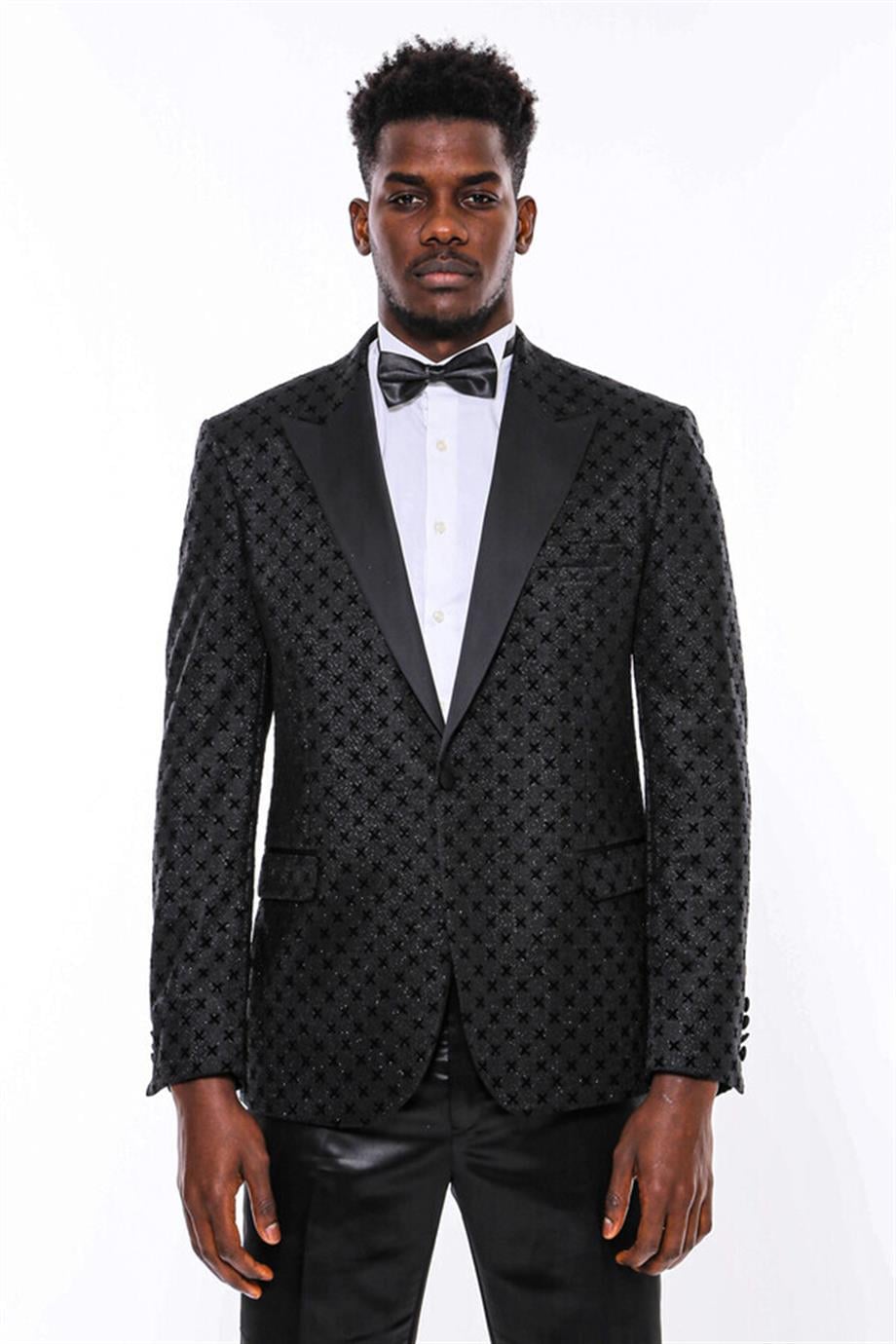 Simli Desenli Slim Fit Siyah Erkek Smokin Ceketi
