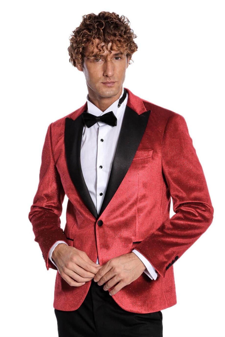 Simli Slim Fit Kadife Kırmızı Erkek Smokin Ceket