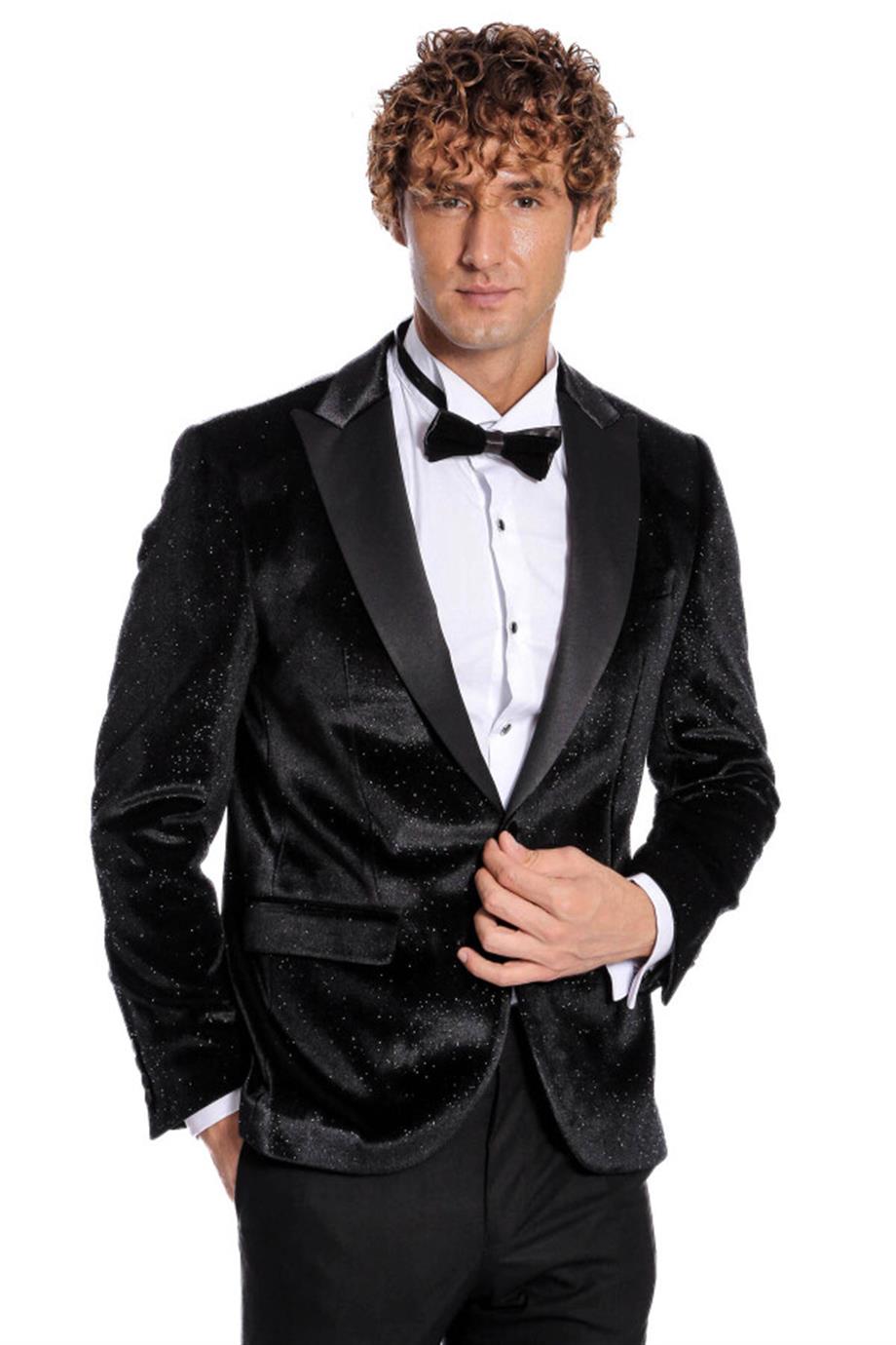 Simli Slim Fit Kadife Siyah Erkek Smokin Ceket