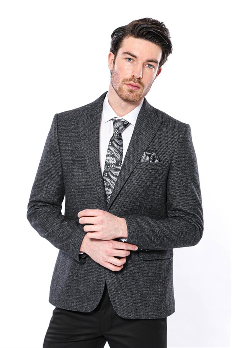 Sivri Yaka Tek Düğme Füme Slim Fit Ceket | Wessi