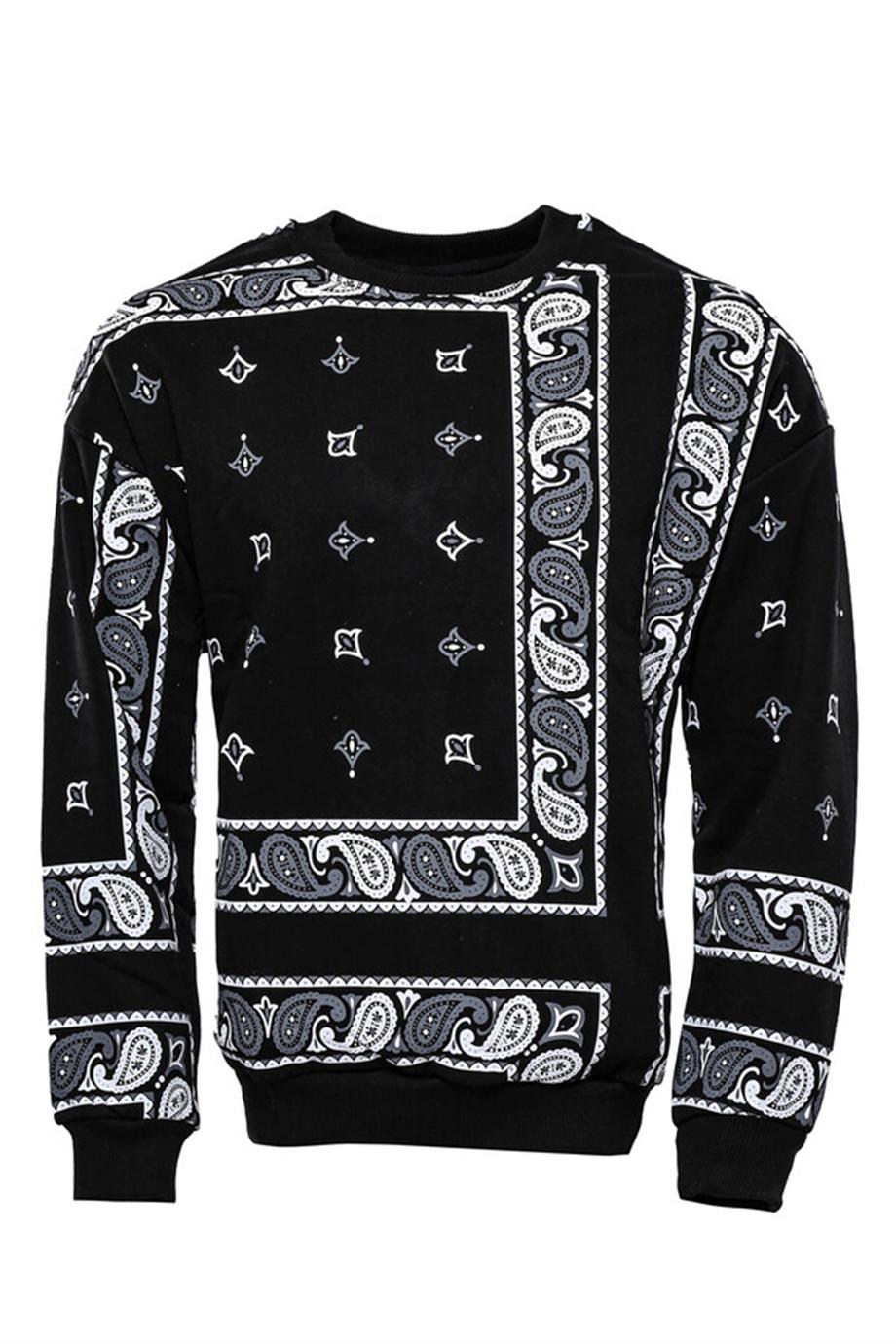 Siyah Baskılı Desenli Bisiklet Yaka Sweatshirt