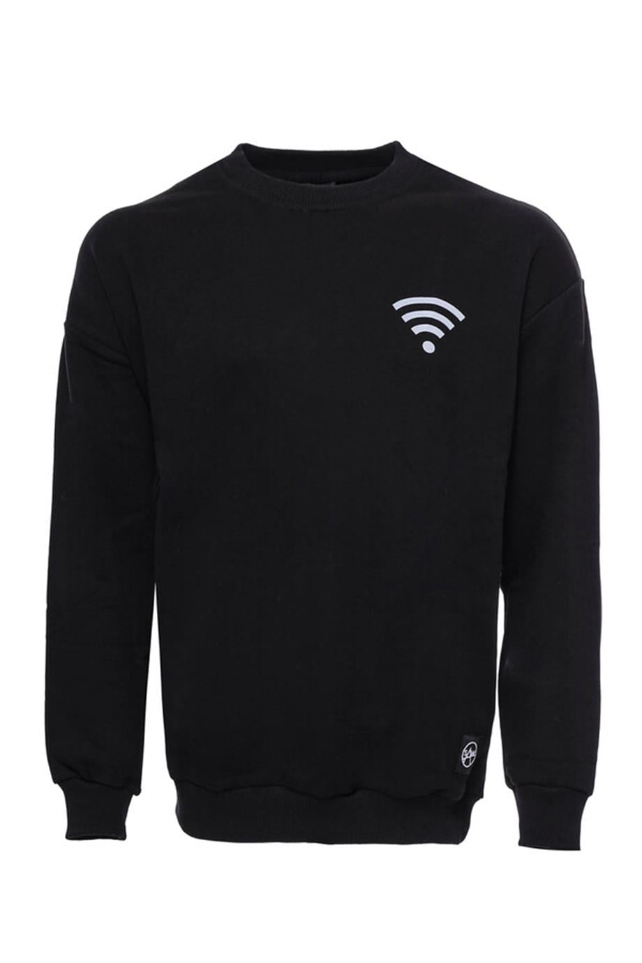 Siyah Bisiklet Yaka Baskı Detaylı Sweatshirt