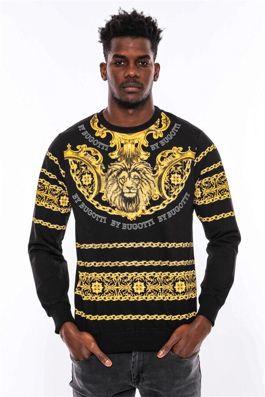 Siyah Bisiklet Yaka Baskılı Sweatshirt