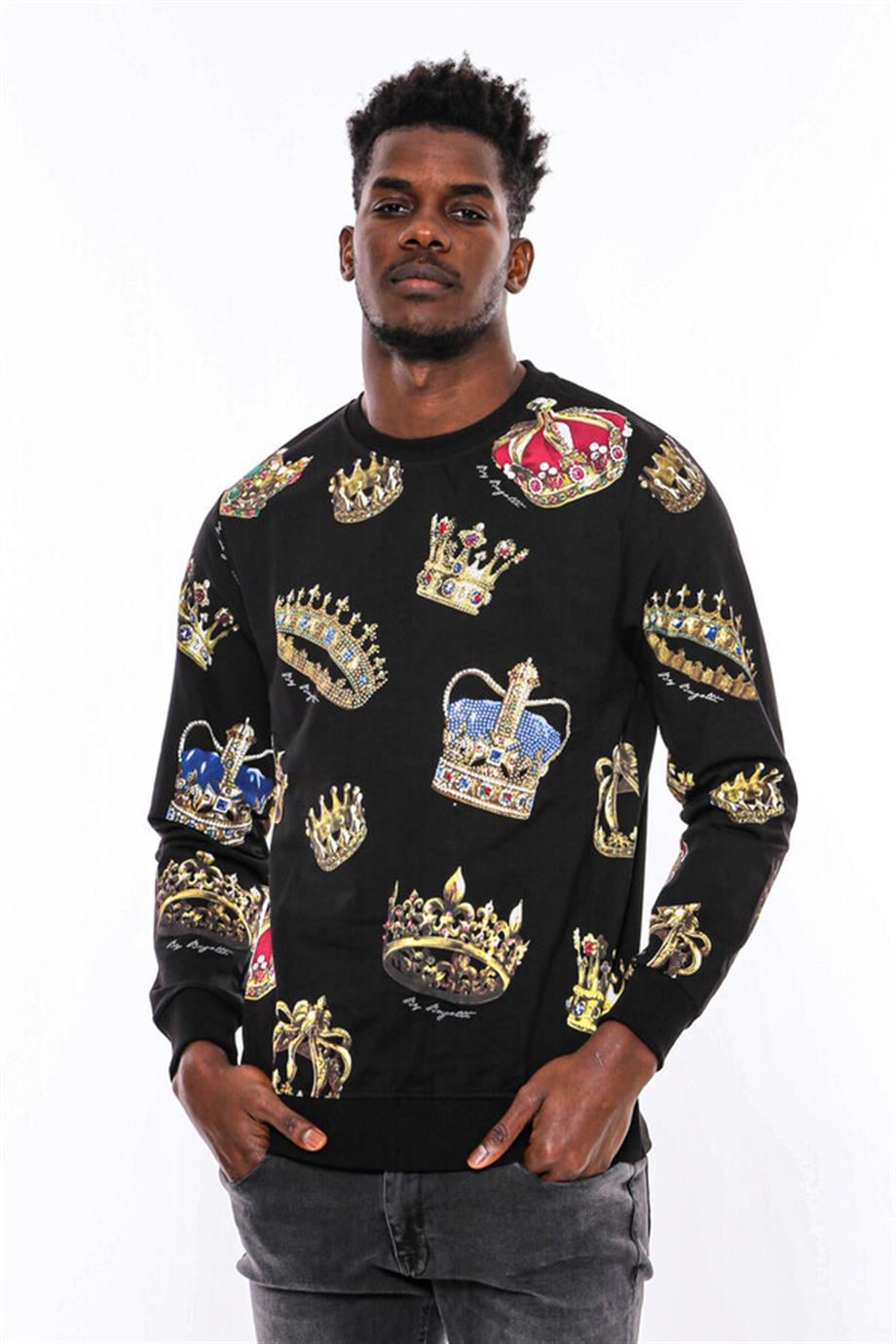 Siyah Bisiklet Yaka Taşlı Ve Baskılı Sweatshirt