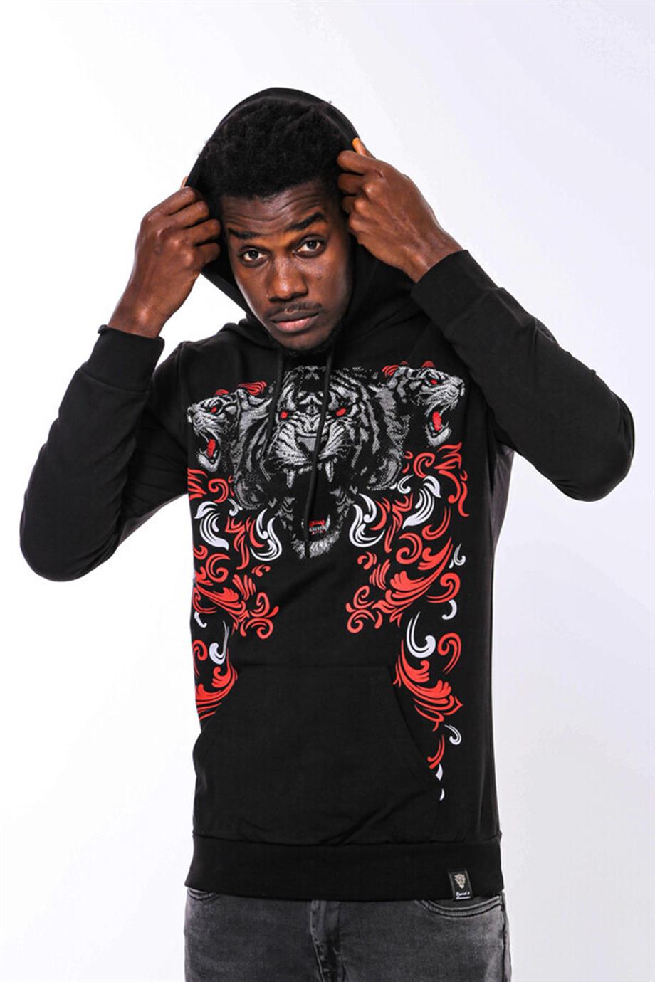 Siyah Kapşonlu Baskılı Sweatshirt