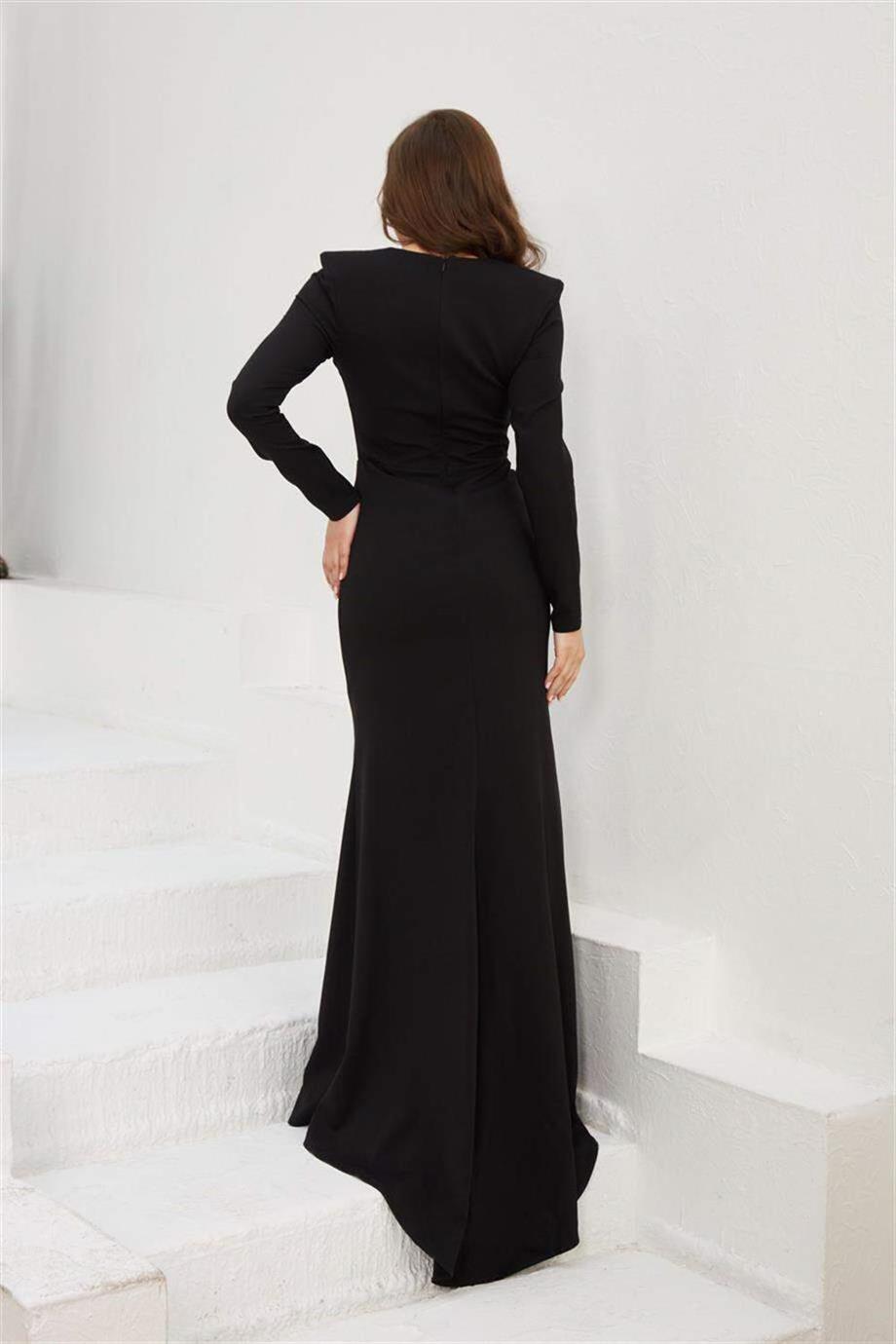 Siyah Krep İşlemeli Uzun Abiye Elbise - Davet Elbisesi