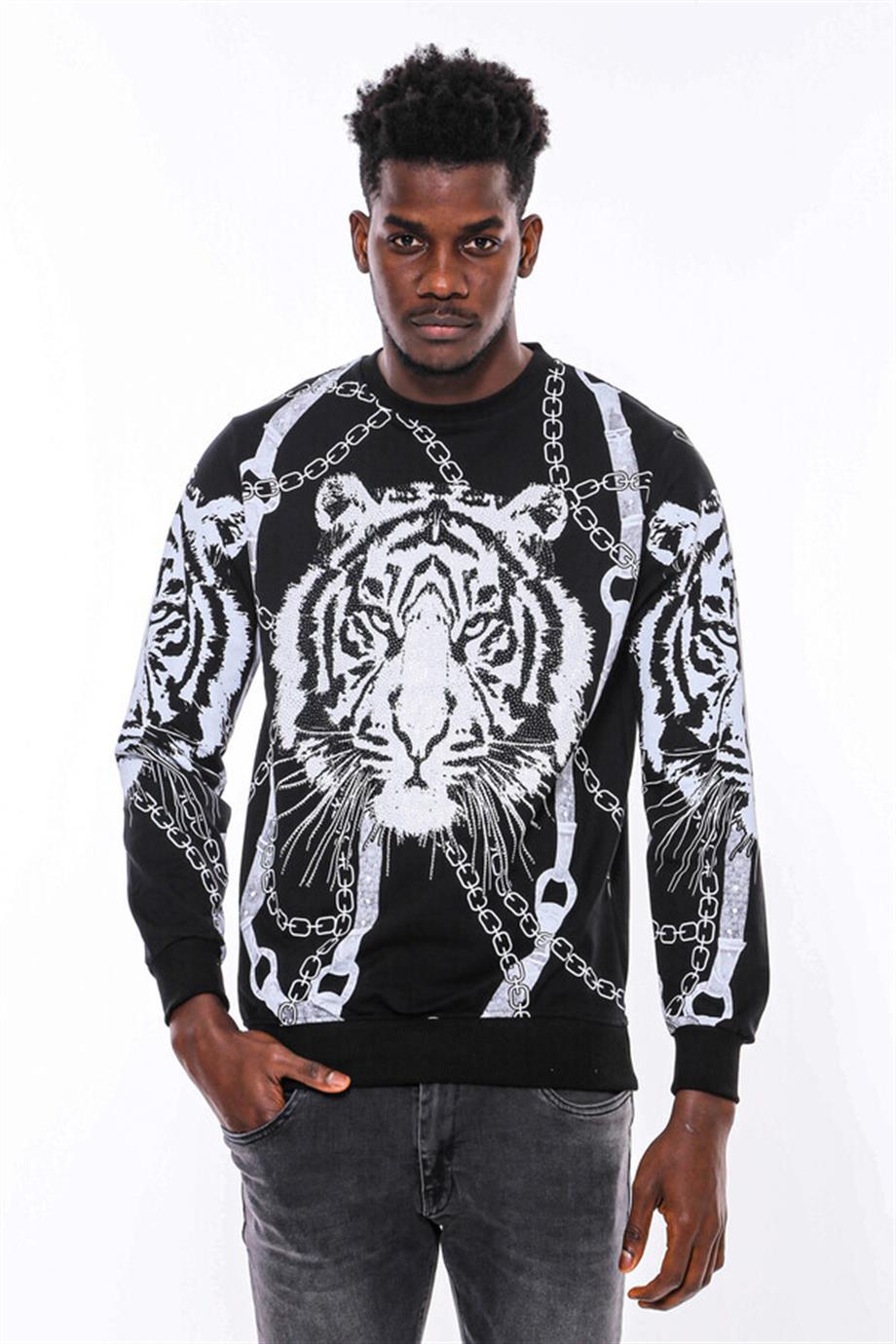 Siyah Taşlı Baskılı  Bisiklet Yaka Sweatshirt