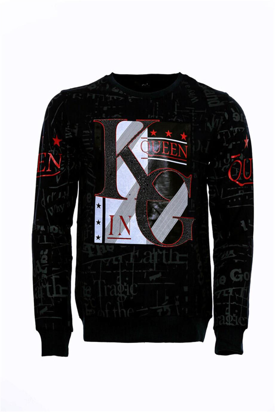 Siyah Taşlı Ve Desenli Sweatshirt
