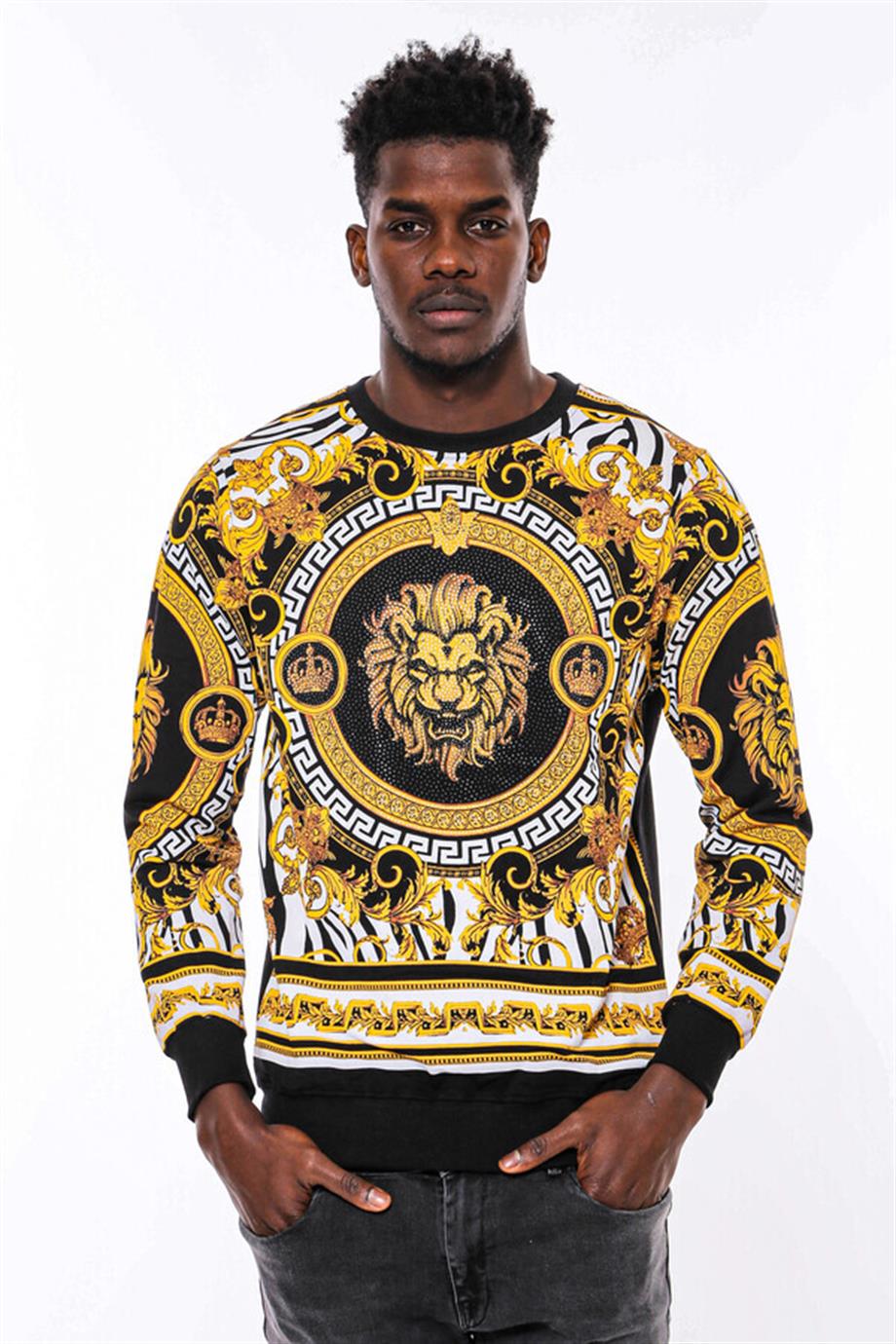 Siyah Üzerine Taşlı Baskılı  Bisiklet Yaka Sweatshirt