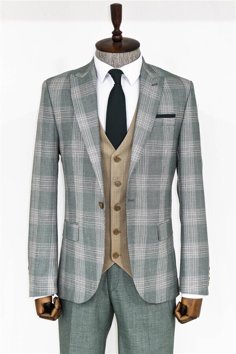 Slim Fit Açık Yeşil Yelekli Takım Elbise