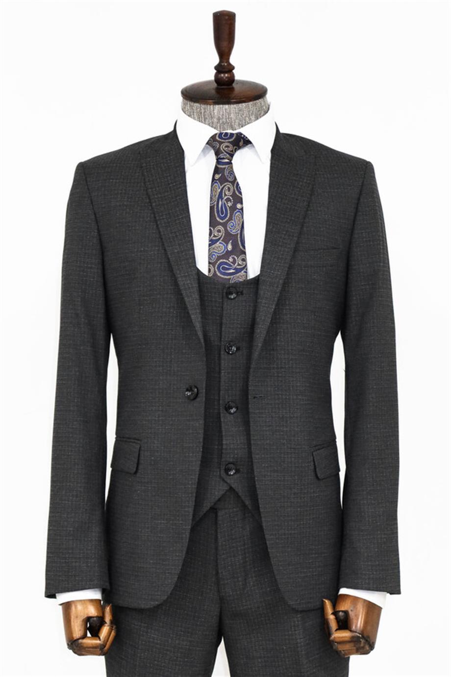 Slim Fit Desenli Antrasit Erkek Takım Elbise