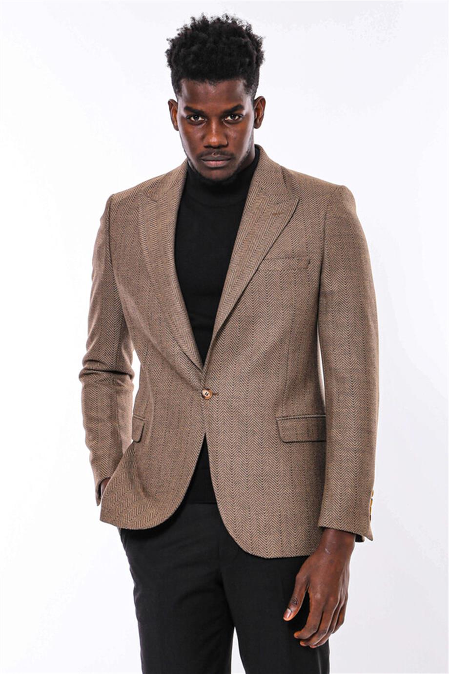 Slim Fit Desenli Bej Erkek Ceket