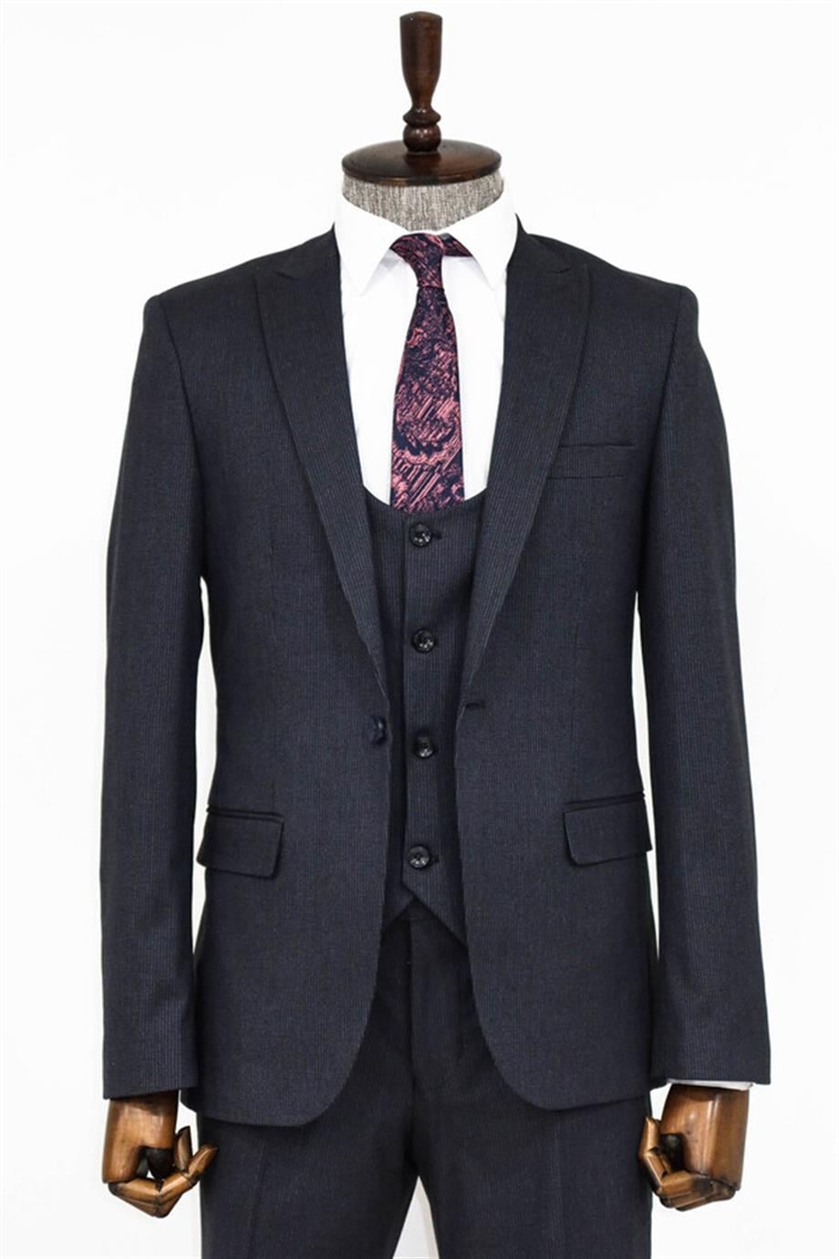 Slim Fit Desenli Lacivert Erkek Takım Elbise
