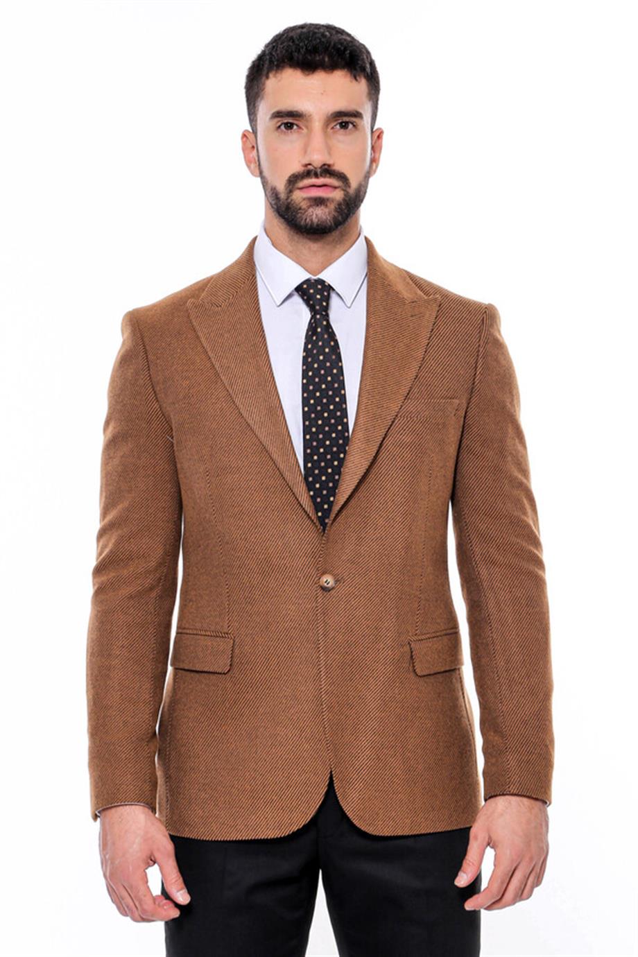 Slim Fit Desenli Taba Erkek Ceket