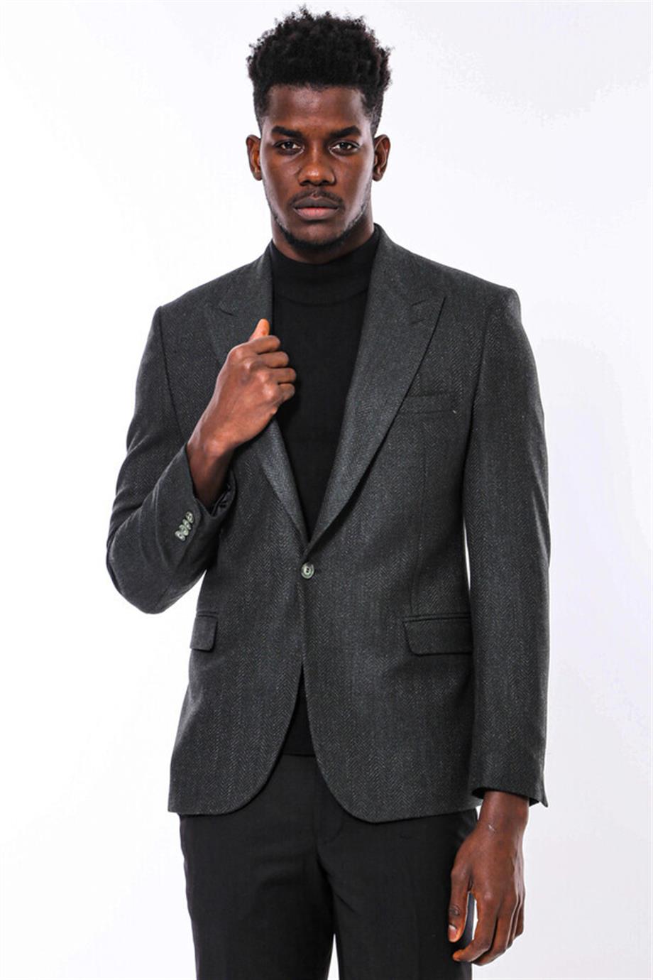 Slim Fit Desenli Yeşil Erkek Ceket