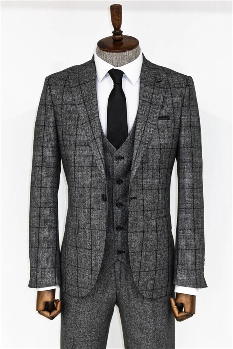 Slim Fit Ekose Koyu Gri Erkek Takım Elbise