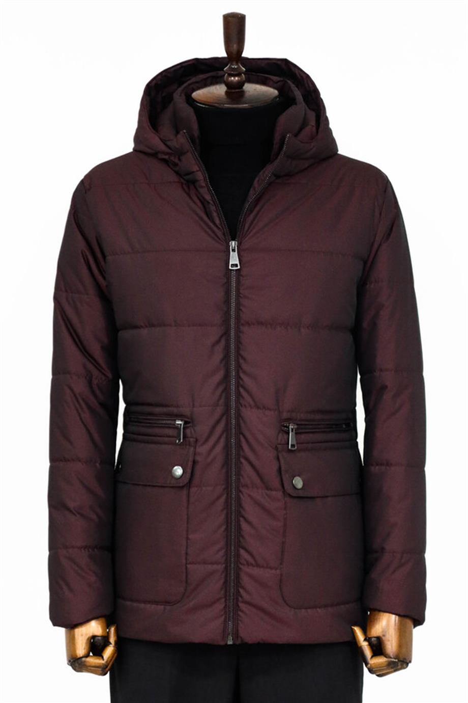 Slim Fit Kapüşonlu Bordo Erkek Şişme Mont