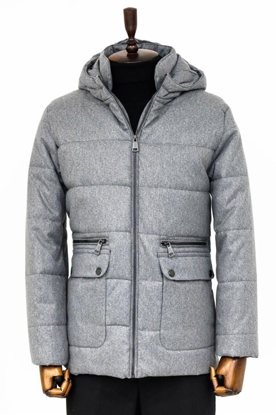 Slim Fit Kapüşonlu Gri Erkek Şişme Mont