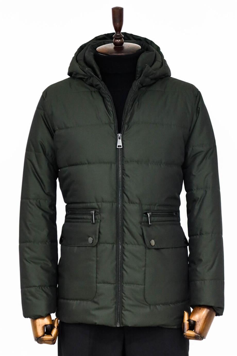 Slim Fit Kapüşonlu Yeşil Erkek Şişme Mont