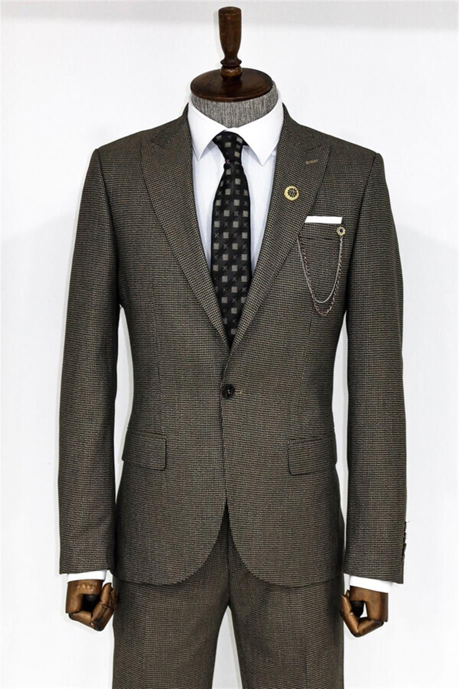 Slim Fit Kazayağı Desenli Kahverengi Erkek Takım Elbise